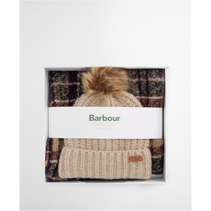 Barbour Saltburn Beanie & Tartan Scarf Gift Set - Gardenia Tartan