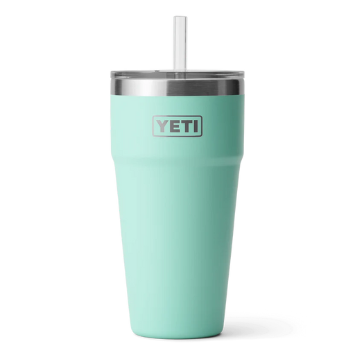 A Yeti Rambler 26oz Straw Cup - Seafoam with a straw sticking out of it.