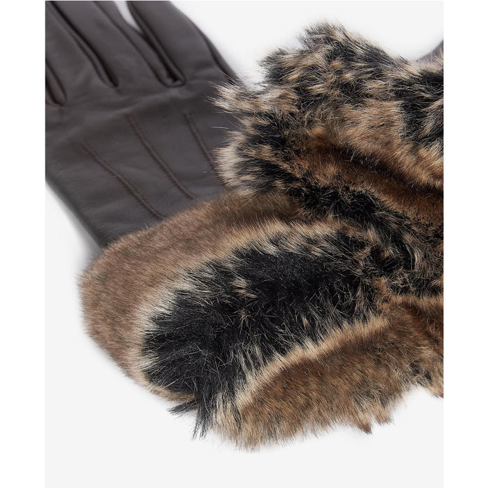 Barbour Fur Trimmed Leather Gloves - Dark Browm
