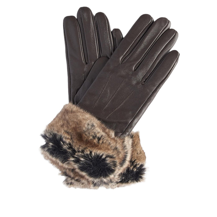 Barbour Fur Trimmed Leather Gloves - Dark Browm