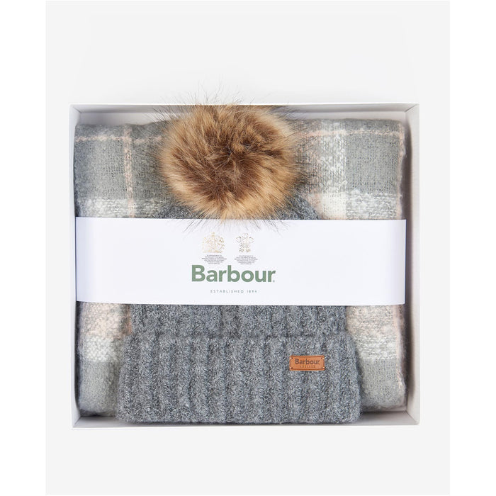Barbour Saltburn Beanie & Tartan Scarf Gift Set - Grey Rose