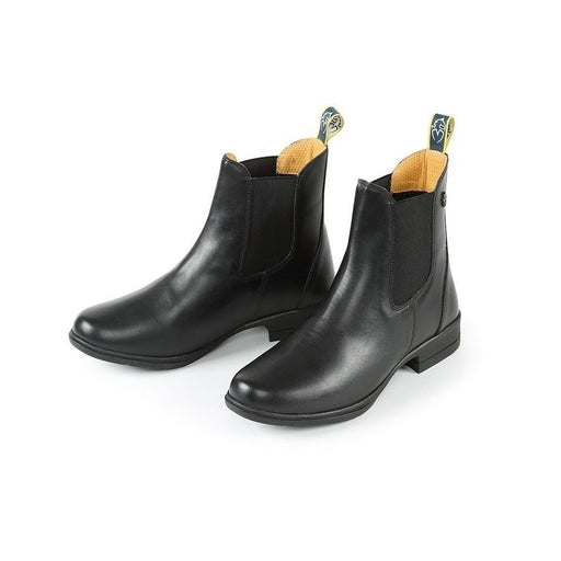 A pair of Shires Equestrian Moretta Alma Jodhpur Boots (Junior) in black on a white background.