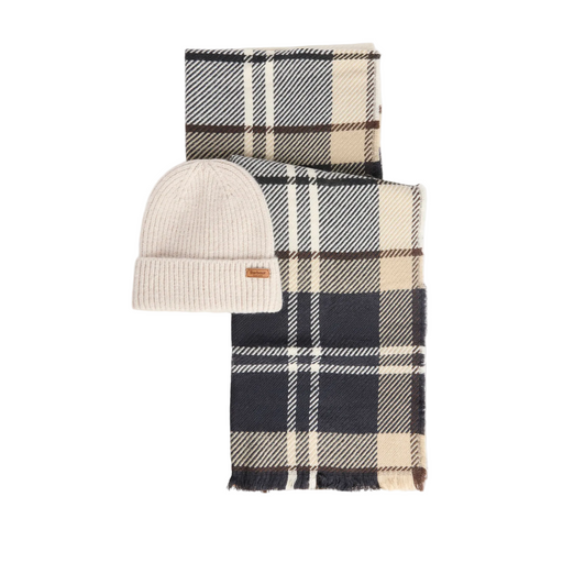 A knit beanie and matching plaid scarf set on a light gray background. The beanie is cream-colored with a small brown leather brand tab.
