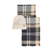 A knit beanie and matching plaid scarf set on a light gray background. The beanie is cream-colored with a small brown leather brand tab.
