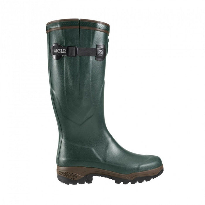A pair of Aigle Parcours Vario 2 Anti Fatigue Wellingtons in green on a white background.