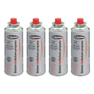 A group of four Go Systems Butane Gas Cartridge Canisters.