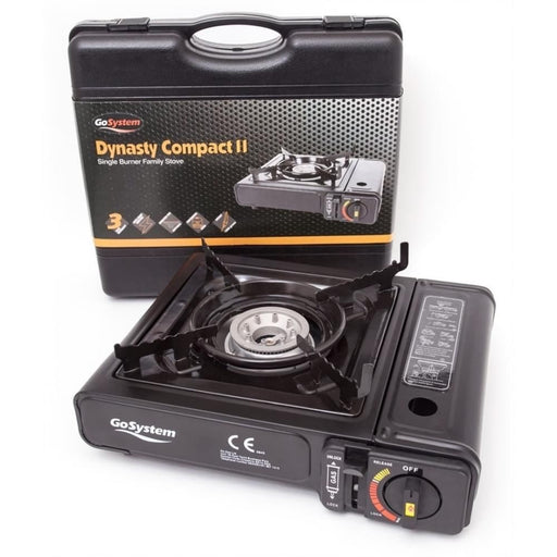 A Go Systems portable gas camping cooker/stove with a black case on top of it.