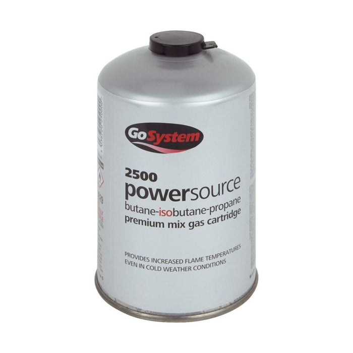 A can of Go System Powersource 445g Butane/Propane Camping Gas on a white background.