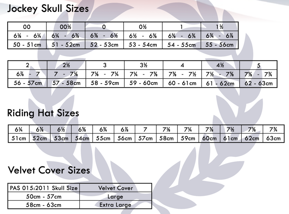 The size and measurements of the Champion CPX3000 Riding Hat sizes.